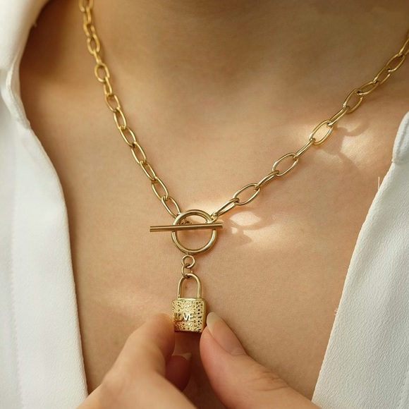 Love Lock Toggle Link Chain Necklace | Gold Plated Stainless Steel Necklace - Picture 3 of 4